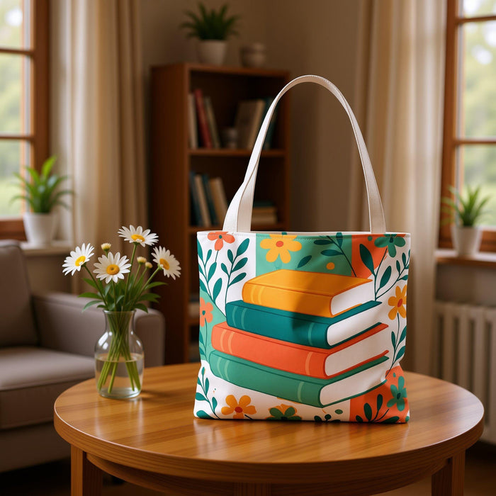 Bookish Floral Tote Bag – Illustrated Stack of Books Shopper, Cozy Reader Gift, Library Tote for Book Lovers, Aesthetic Book Bag