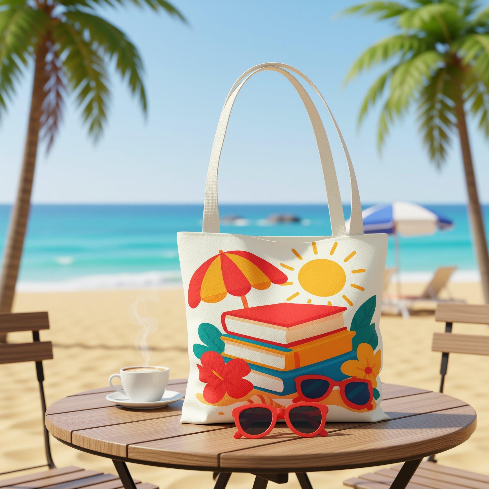A tote bag with a vibrant design featuring a stack of books, an umbrella, sunglasses, and flowers, all set against a sunny background.