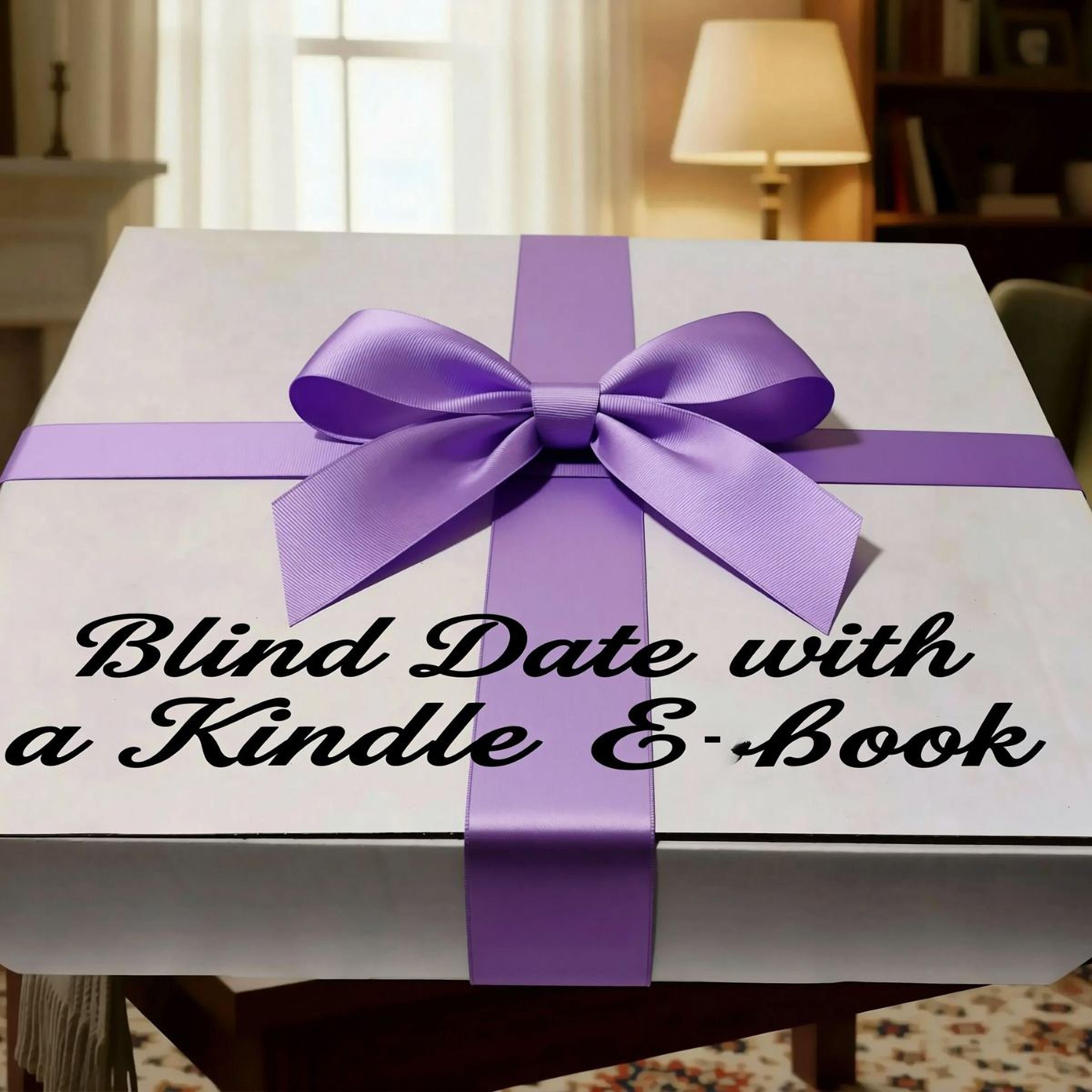 A white gift box with a purple ribbon and bow, featuring the text "Blind Date with a Kindle E-book" on it.