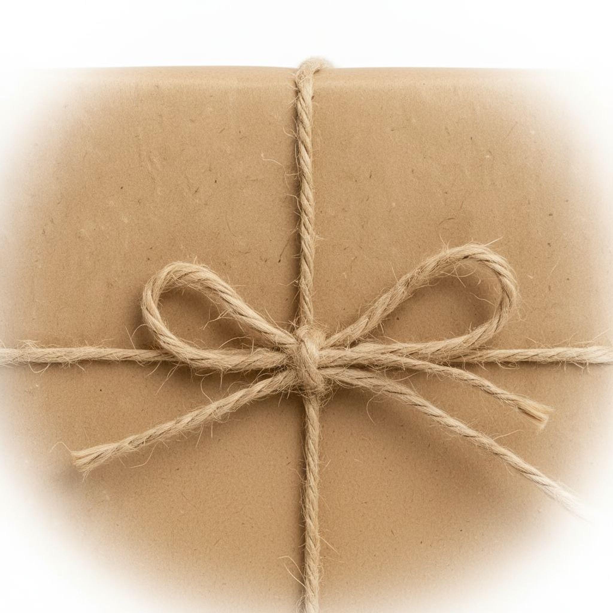 A brown gift box tied with a brown rope bow, creating a decorative knot.