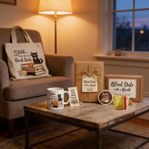 a cozy living room setting with a wooden coffee table in the center, adorned with various items related to reading and relaxation. On the table, there is a book, a mug, and a gift box, all of which are labeled "Blind Date with a Book". In the background, there is a chair and a lamp, creating a comfortable and inviting atmosphere.