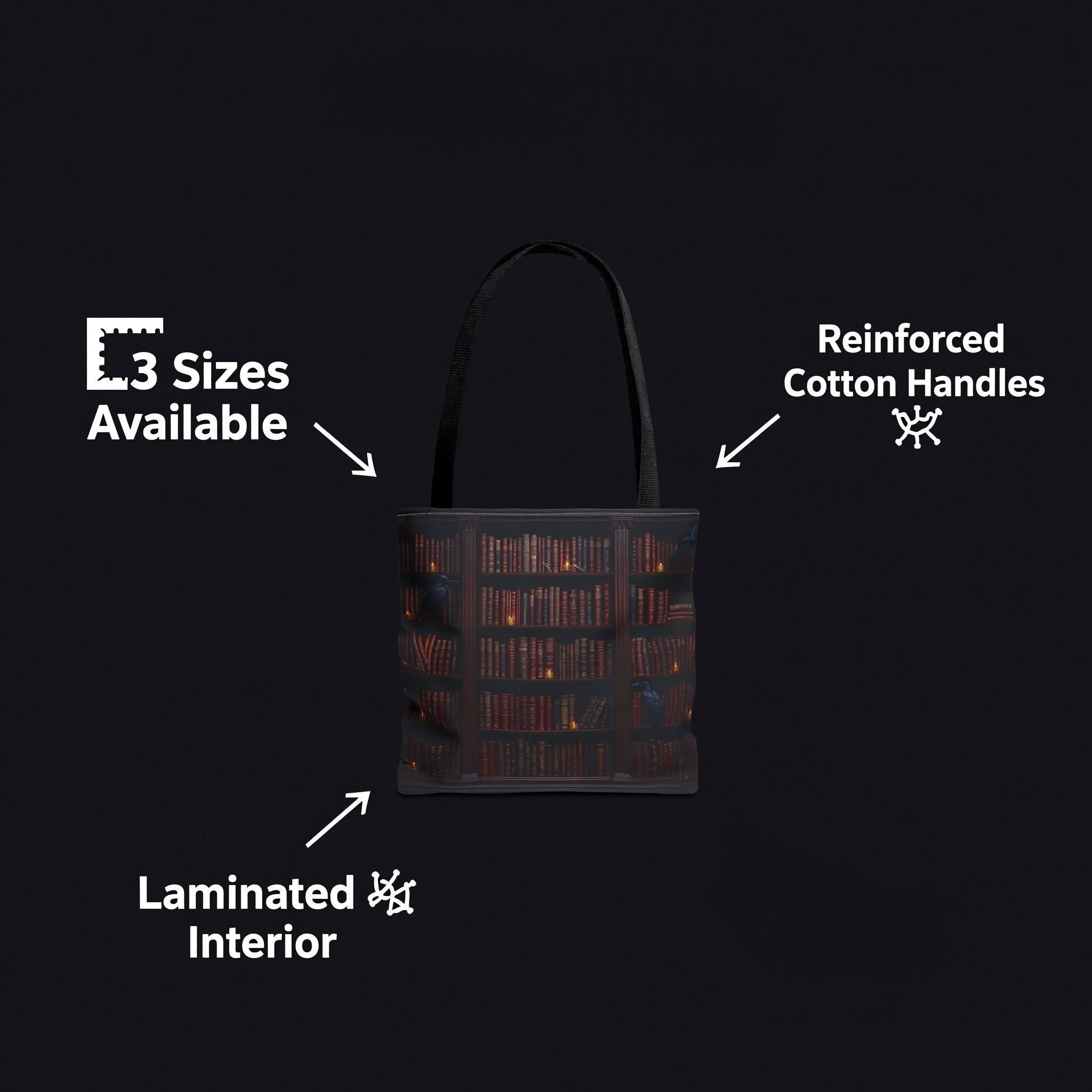 A tote bag with a printed design of a bookshelf filled with books.