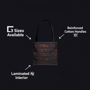 A tote bag with a printed design of a bookshelf filled with books.