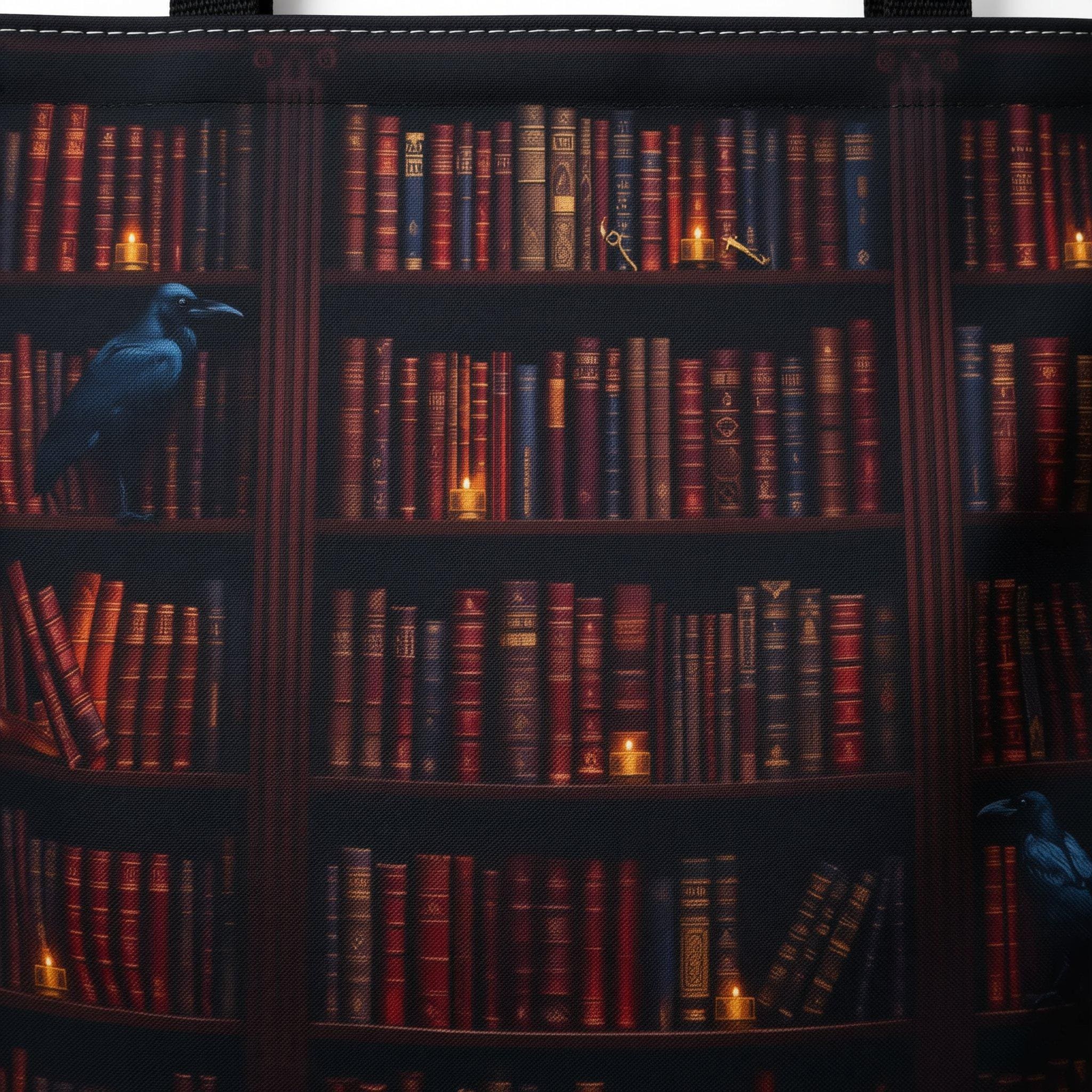 A tote bag with a printed design of a bookshelf filled with books.