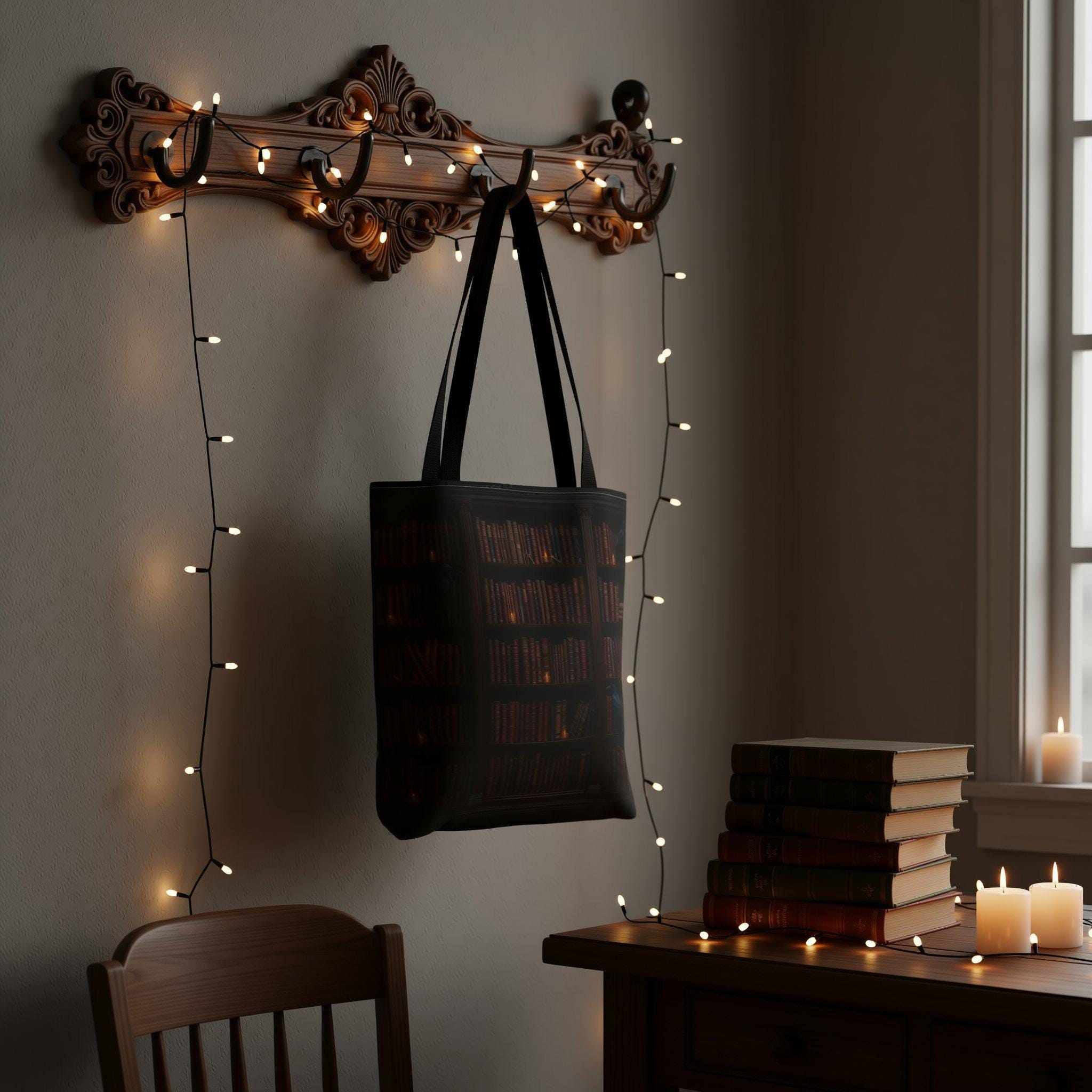 A tote bag with a printed design of a bookshelf filled with books.
