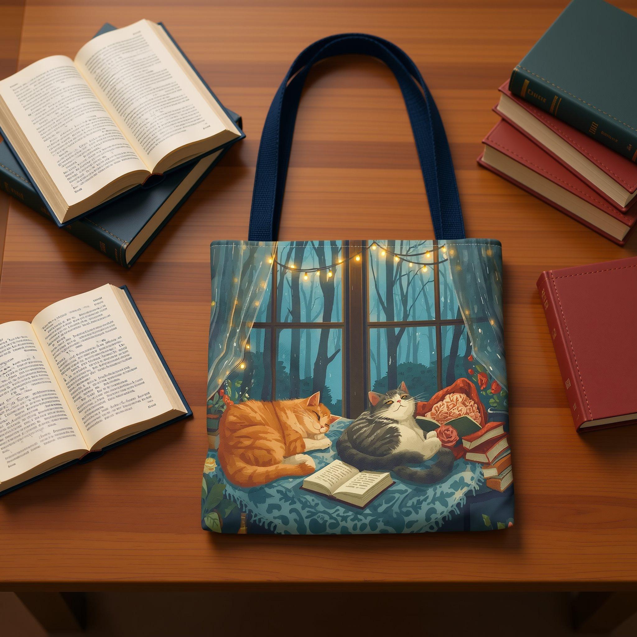 A tote bag with a printed design depicting two cats, one orange and one gray, curled up and sleeping on a bed with a book and a lamp. The background features a window with curtains and string lights, creating a cozy and peaceful atmosphere.