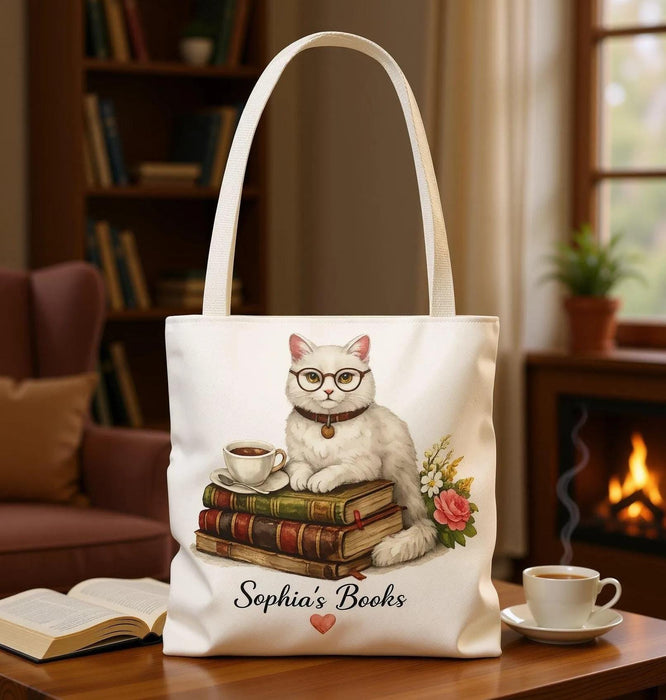 Personalized Booklover Cat Tote – Custom Name Tote Bag for Readers, Cute Cat & Books Design, Book Lover Gift, Library and Book Club Bag