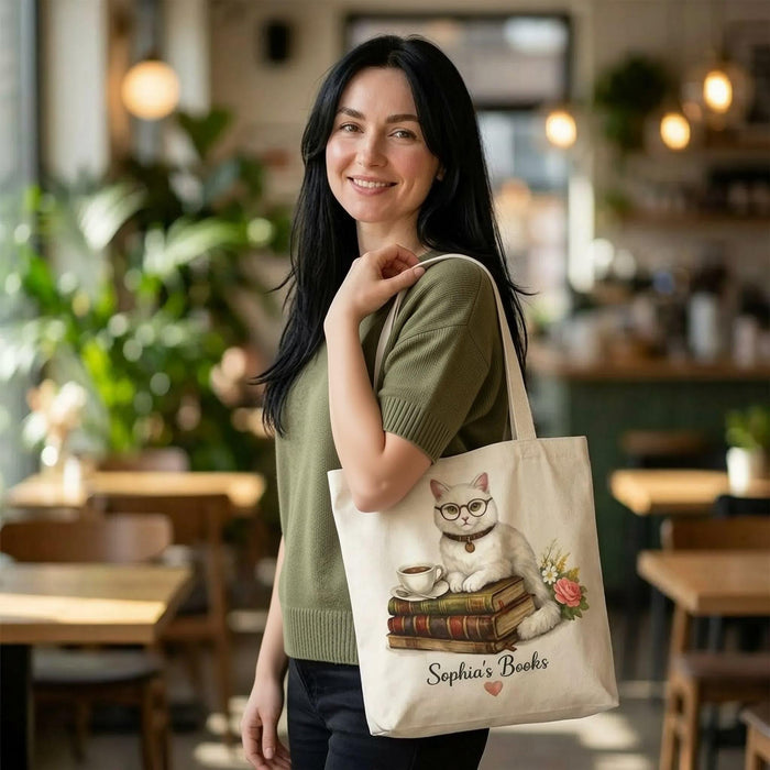 Personalized Booklover Cat Tote – Custom Name Tote Bag for Readers, Cute Cat & Books Design, Book Lover Gift, Library and Book Club Bag