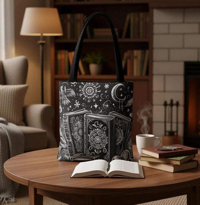 Mystical Book Tote Bag \ Black White Illustration \ Dark Academia Witchy Bookish Gift for Her \ Whimsigoth BookTok \ Book Lover Library Bag