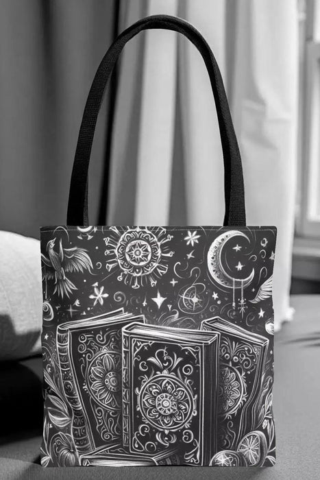 Mystical Book Tote Bag \ Black White Illustration \ Dark Academia Witchy Bookish Gift for Her \ Whimsigoth BookTok \ Book Lover Library Bag