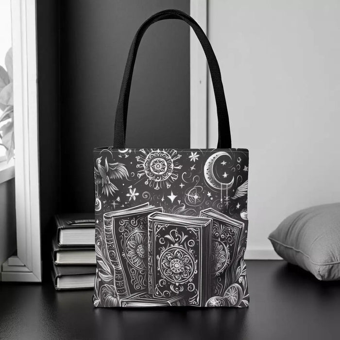 Mystical Book Tote Bag \ Black White Illustration \ Dark Academia Witchy Bookish Gift for Her \ Whimsigoth BookTok \ Book Lover Library Bag