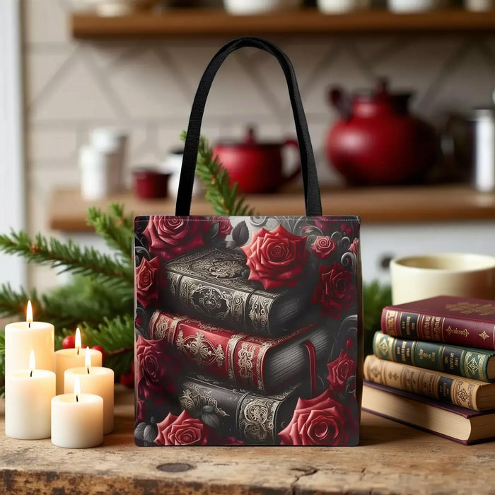 Dark Romance Roses and Books Tote Bag \ Gothic Bookish Gift for Her \ Romantasy BookTok \ Dark Floral Book Lover \ Vintage Library Bag