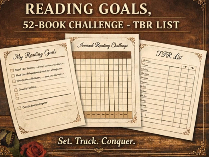 The image is a collage of five different pages from a printable reading journal for book lovers. The pages include a book, a book review, a book challenge, a book list, and a tracking system for reading goals.