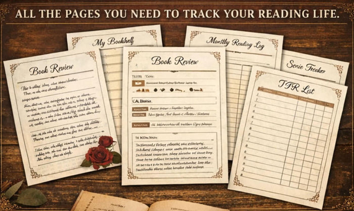 The image is a collage of five different pages from a printable reading journal for book lovers. The pages include a book, a book review, a book challenge, a book list, and a tracking system for reading goals.