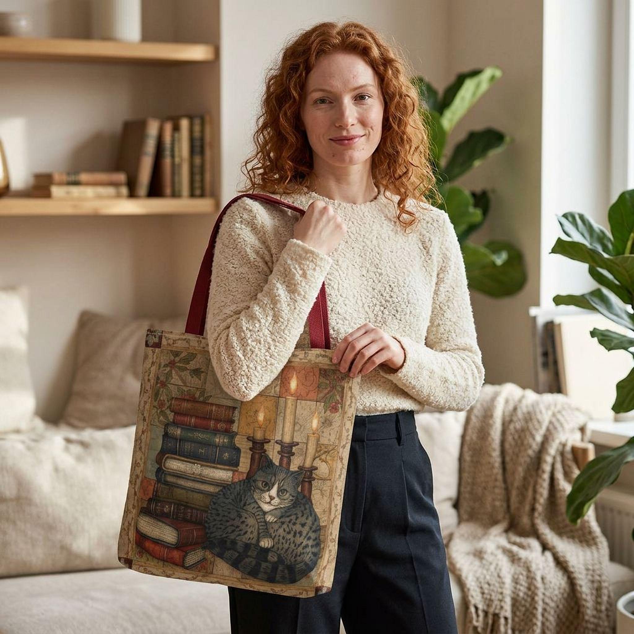 A woman with curly red hair is standing in a room, holding a bag with a cat design on it. She is wearing a white sweater and has a smile on her face.