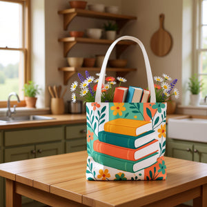 A tote bag with a floral pattern and a stack of colorful books on top.
