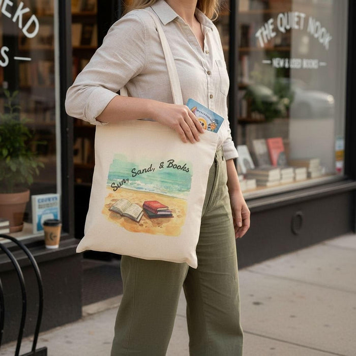Sun, Sand, & Books Tote Bag  •  Cotton Canvas Book Lover Beach Bag • Reusable Heavy Duty  Reading Tote  •  Gift for Readers