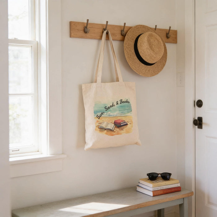 Sun, Sand, & Books Tote Bag  •  Cotton Canvas Book Lover Beach Bag • Reusable Heavy Duty  Reading Tote  •  Gift for Readers
