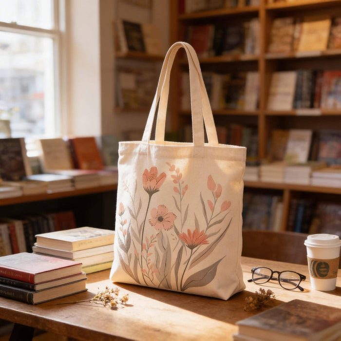 Floral Watercolor Tote Bag: Peach Wildflower Booklover Shopping Carryall (3 sizes)