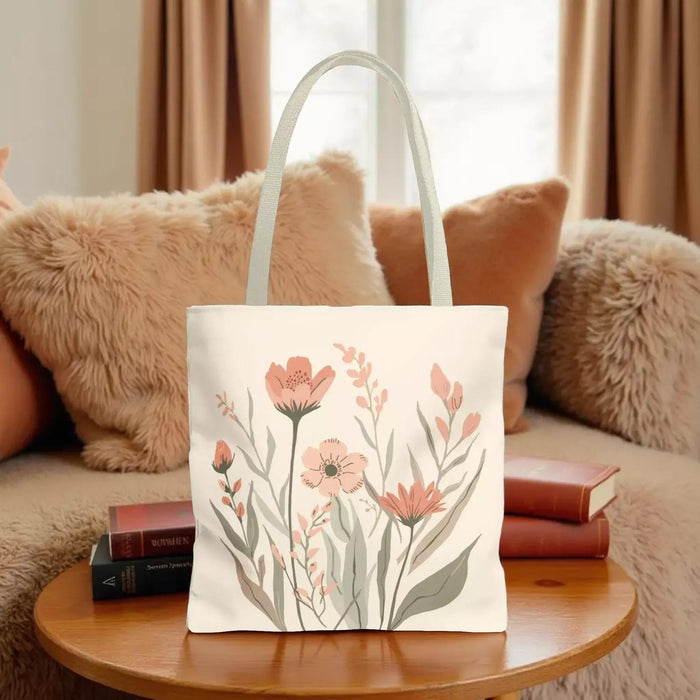 Floral Watercolor Tote Bag: Peach Wildflower Booklover Shopping Carryall (3 sizes)