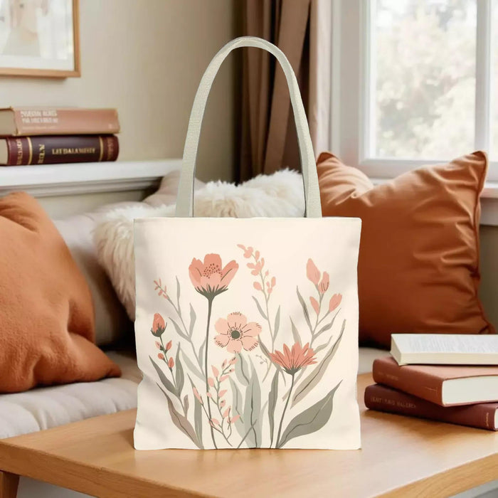 Floral Watercolor Tote Bag: Peach Wildflower Booklover Shopping Carryall (3 sizes)