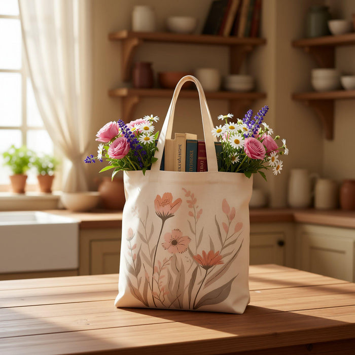 Floral Watercolor Tote Bag: Peach Wildflower Booklover Shopping Carryall (3 sizes)