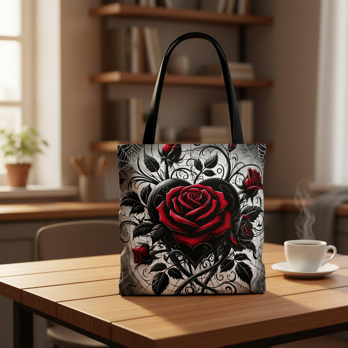 Gothic Floral Tote Bag, Heart & Roses Design (Multiple Sizes) Shopping Book Bag