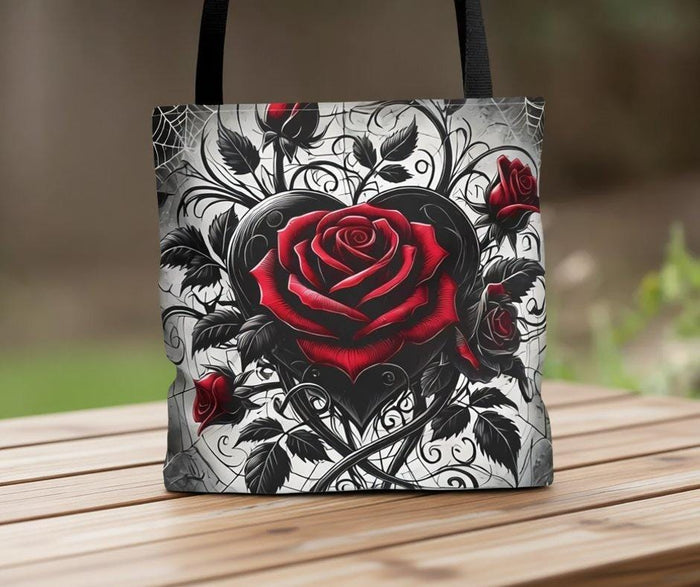Gothic Floral Tote Bag, Heart & Roses Design (Multiple Sizes) Shopping Book Bag