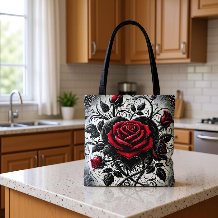 Gothic Floral Tote Bag, Heart & Roses Design (Multiple Sizes) Shopping Book Bag