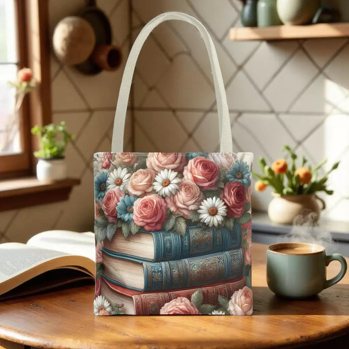 A tote bag with a floral design featuring a stack of books with roses and daisies on top.