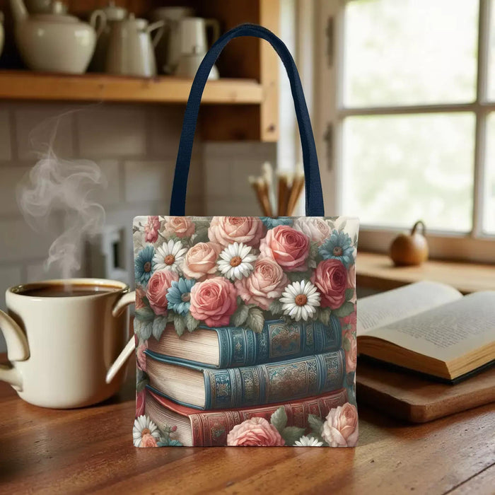 A tote bag with a floral design featuring a stack of books with roses and daisies on top.