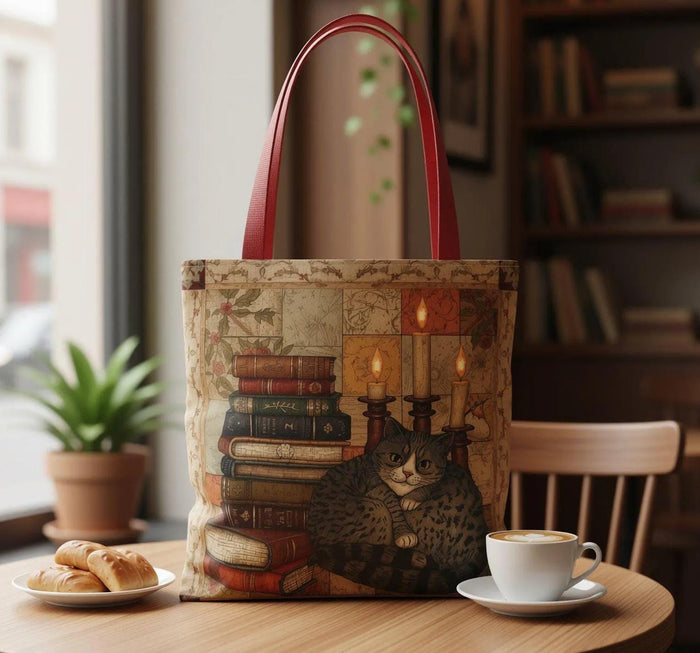 Vintage Reading Cat Tote Bag – Books & Cat Tote, Book Lover Gift, Literary Aesthetic Tote, Cute Cat Tote for Readers