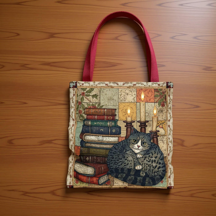 Vintage Reading Cat Tote Bag – Books & Cat Tote, Book Lover Gift, Literary Aesthetic Tote, Cute Cat Tote for Readers