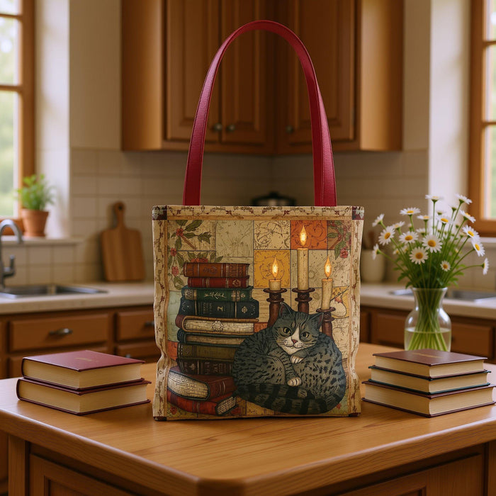 Vintage Reading Cat Tote Bag – Books & Cat Tote, Book Lover Gift, Literary Aesthetic Tote, Cute Cat Tote for Readers
