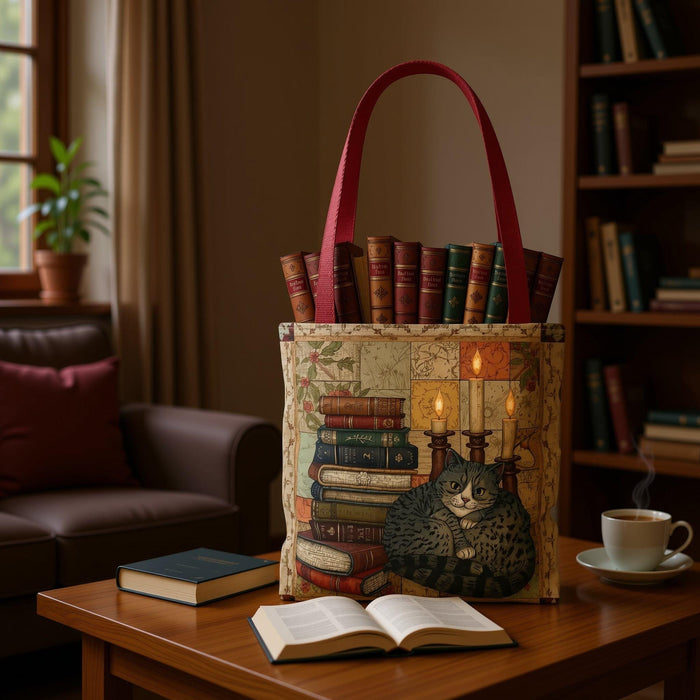 Vintage Reading Cat Tote Bag – Books & Cat Tote, Book Lover Gift, Literary Aesthetic Tote, Cute Cat Tote for Readers