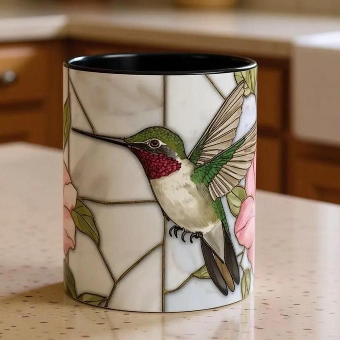 Hummingbird Pink Peonies Coffee Mug • Floral Botanical Mug • Aesthetic Nature Lover Gift • Stained Glass Design