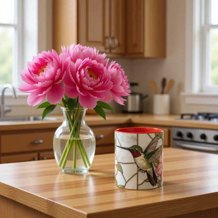Hummingbird Pink Peonies Coffee Mug • Floral Botanical Mug • Aesthetic Nature Lover Gift • Stained Glass Design