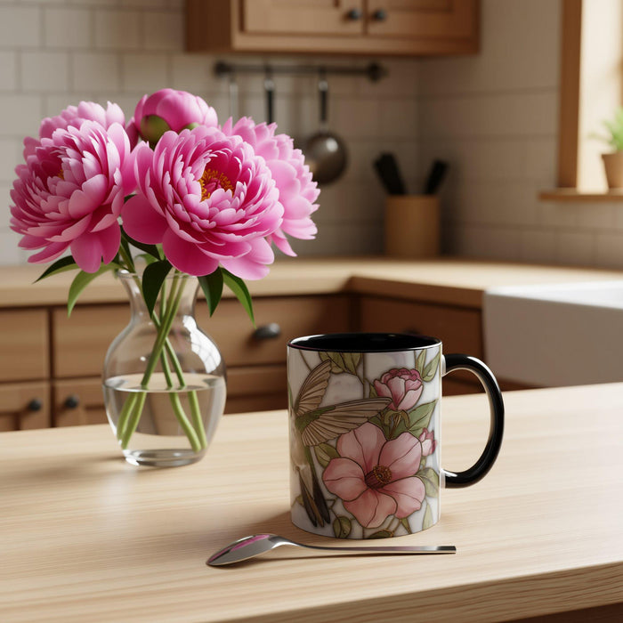 Hummingbird Pink Peonies Coffee Mug • Floral Botanical Mug • Aesthetic Nature Lover Gift • Stained Glass Design