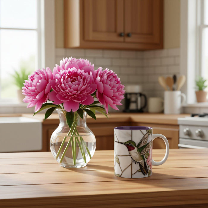 Hummingbird Pink Peonies Coffee Mug • Floral Botanical Mug • Aesthetic Nature Lover Gift • Stained Glass Design
