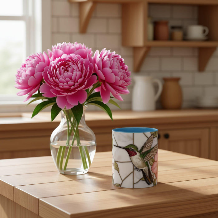 Hummingbird Pink Peonies Coffee Mug • Floral Botanical Mug • Aesthetic Nature Lover Gift • Stained Glass Design