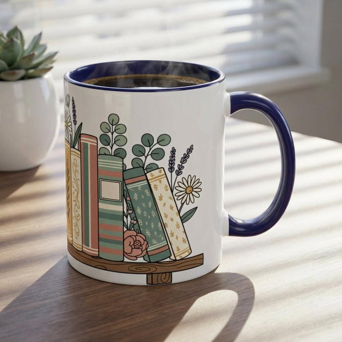 Floral Vintage Bookstack Mug • Literary Coffee Cup • Cottagecore Book Lover Gift
