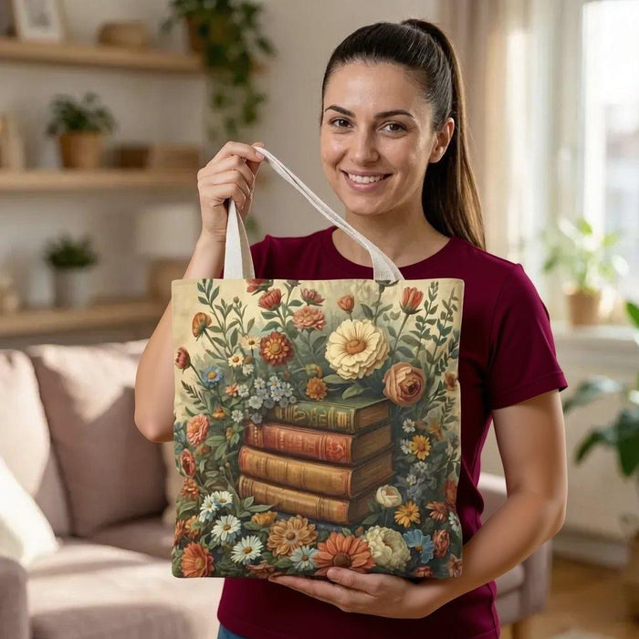 Floral Bookstack Tote Bag • Spring Literary Shopping Carryall Bag