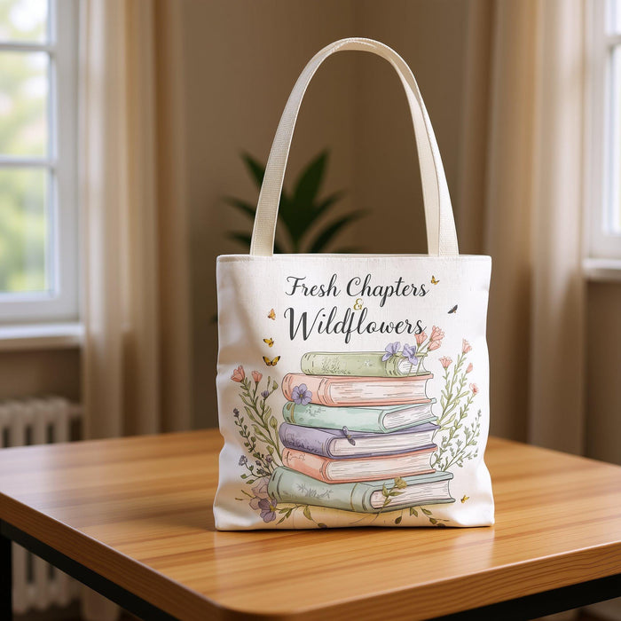 Fresh Chapters Wildflowers Tote Bag • Botanical Book Lover Shopping Carryall Bag