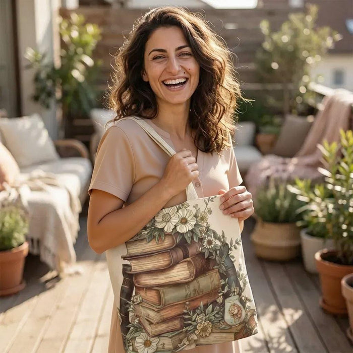 Vintage Stack of Books Floral Bag — Book Lover Shopping Carryall Tote