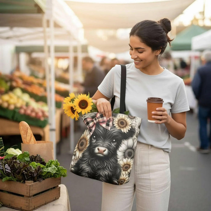 Highland Cow Floral Tote – Calf with Plaid Bow - Shopping Book Bag