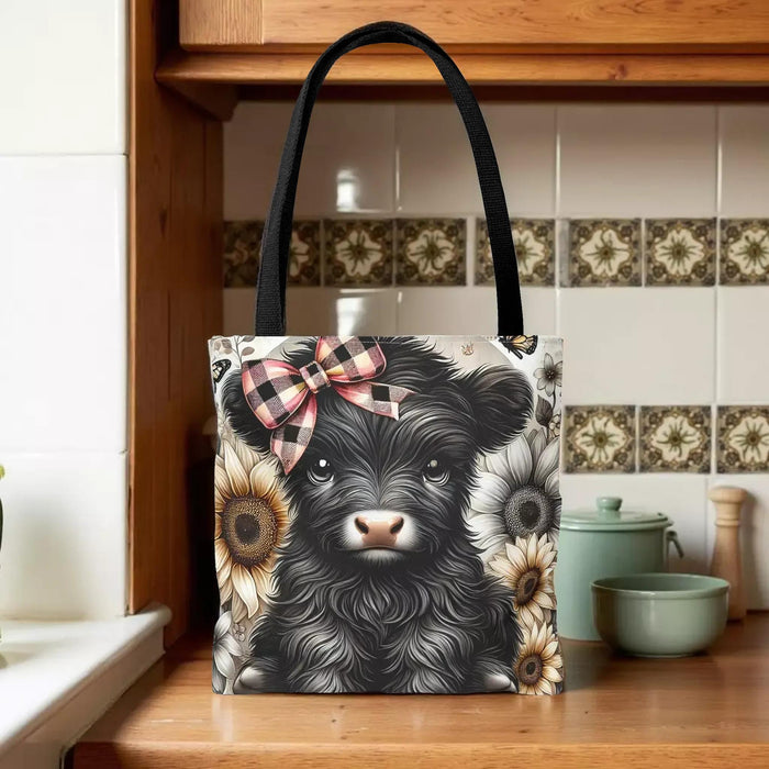 Highland Cow Floral Tote – Calf with Plaid Bow - Shopping Book Bag