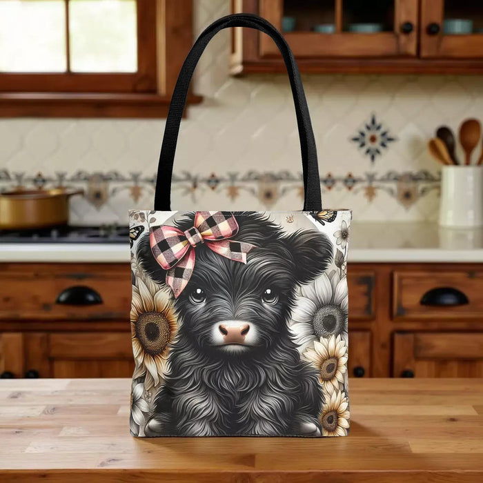 Highland Cow Floral Tote – Calf with Plaid Bow - Shopping Book Bag
