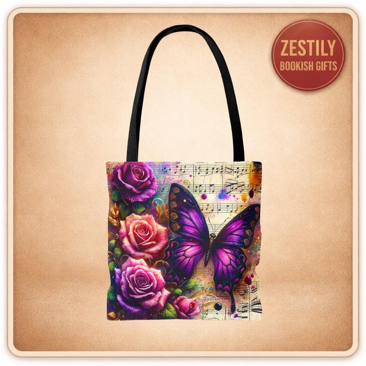 Roses Butterfly Music Tote Bag • Floral Canvas Shoulder Bag