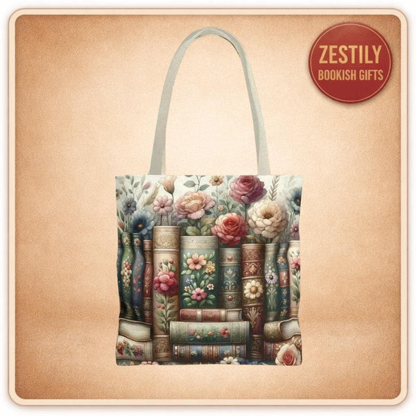 Book Lover Tote Bag | All-Over Books and Flowers Print | Bookish Gift for Her | Library Bag | Teacher Gift | Book Club Bag | Reader Gift