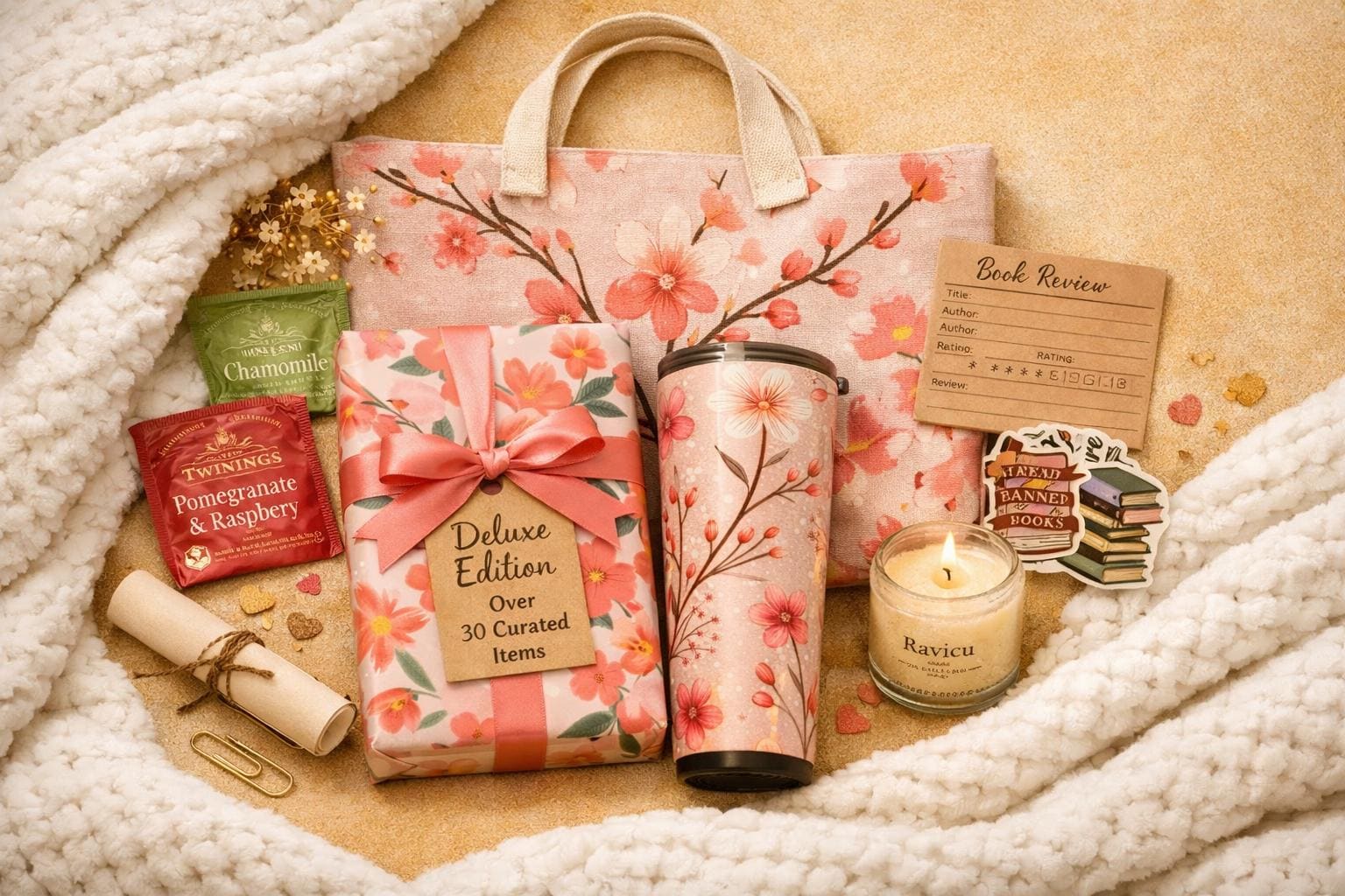 Blind Date with a Book Gift Box · 30 Plus Piece Deluxe Set · Blanket Mug Candle Tote · Book Lover Gift for Her